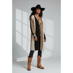 Women’s Vintage Boho Marissa Christina Linen Cardigan Small Black Brown Cream